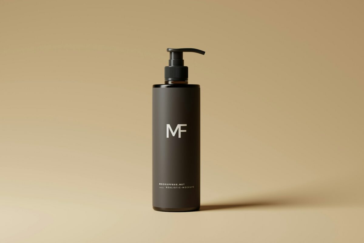 a bottle of mf shampoo on a tan background